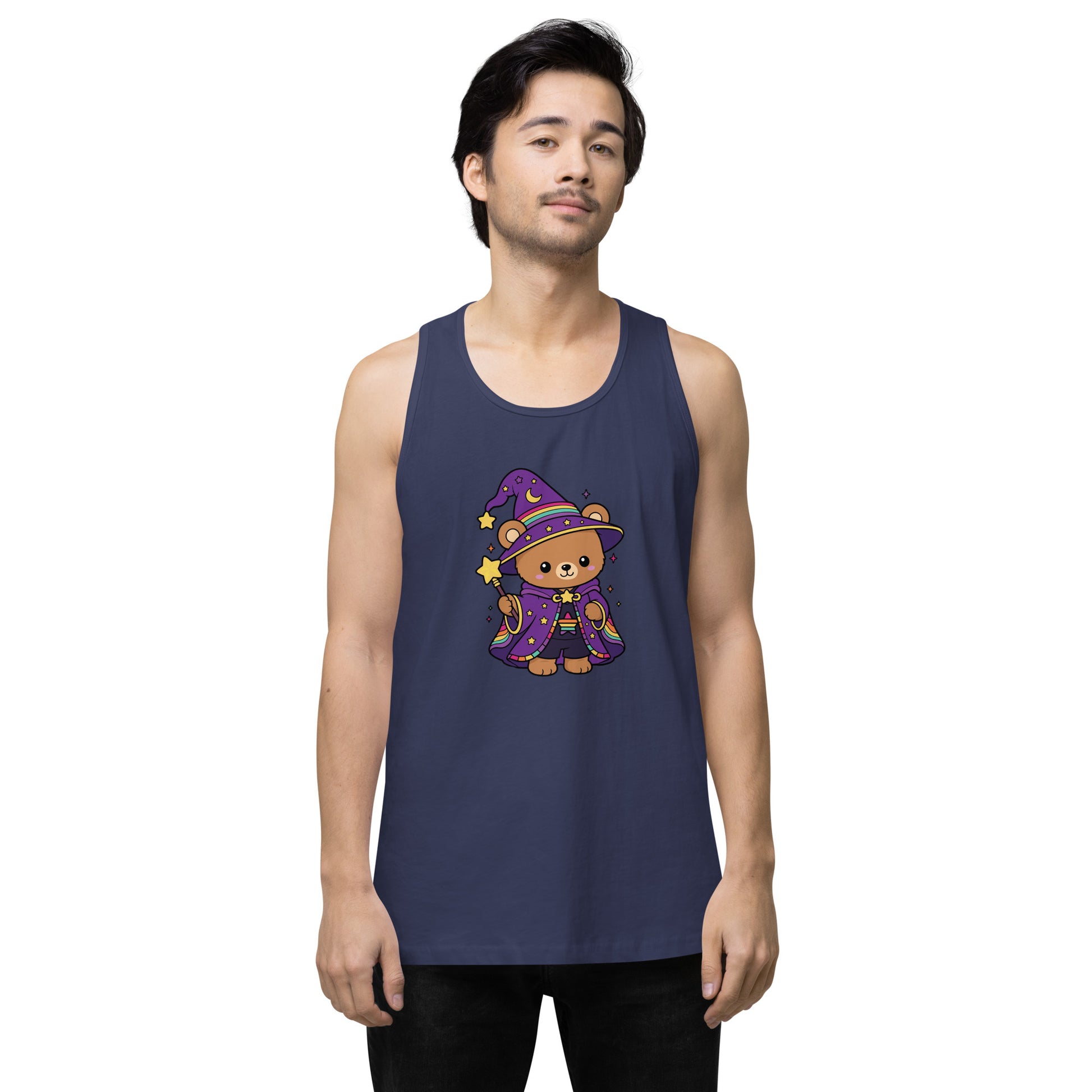 Wizard Bear Pride Tank Top by Spinsterly Co in Harbor Blue with kawaii rainbow wizard bear print