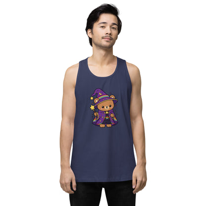 Wizard Bear Pride Tank Top by Spinsterly Co in Harbor Blue with kawaii rainbow wizard bear print