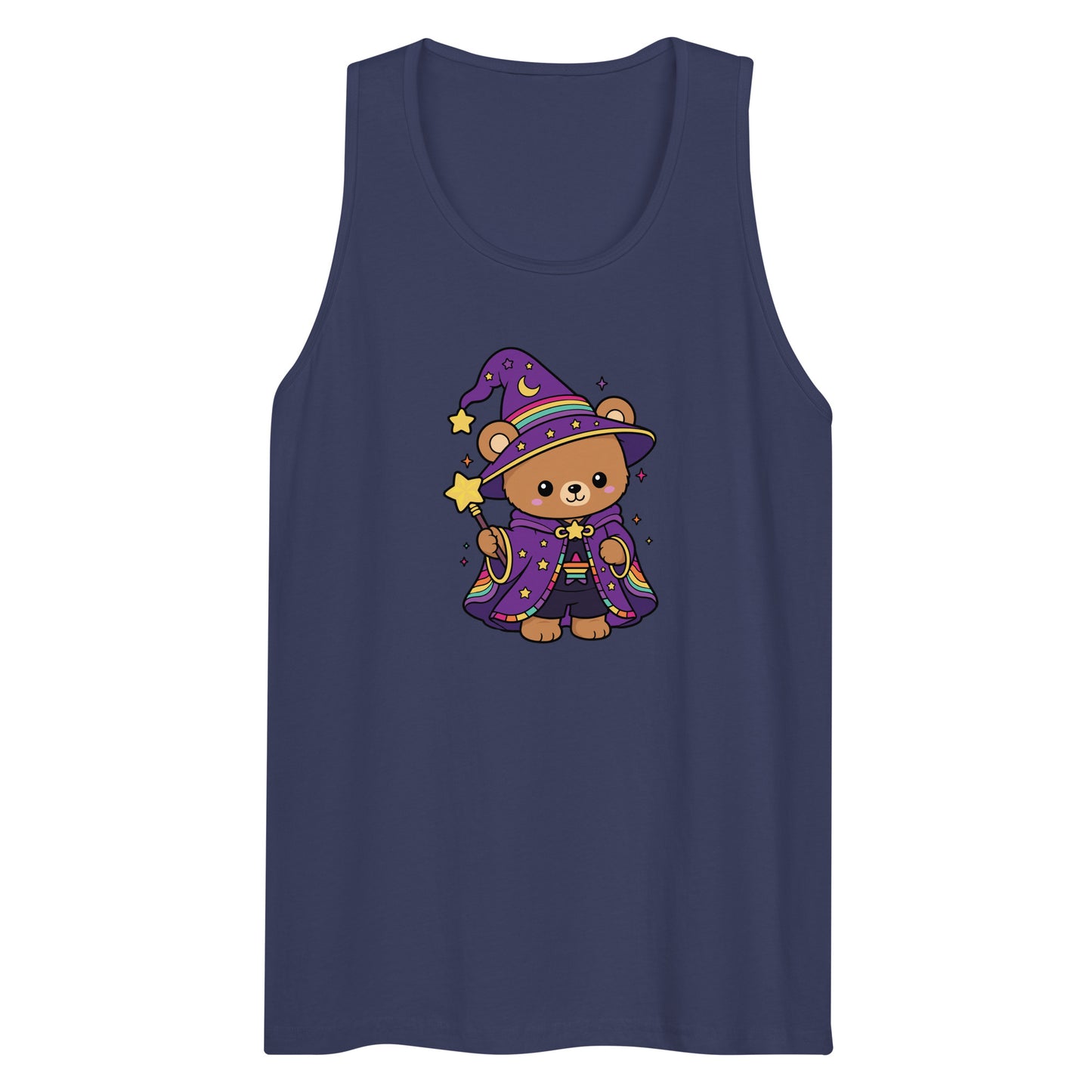 Wizard Bear Pride Tank Top by Spinsterly Co in Harbor Blue with kawaii wizard bear rainbow graphic