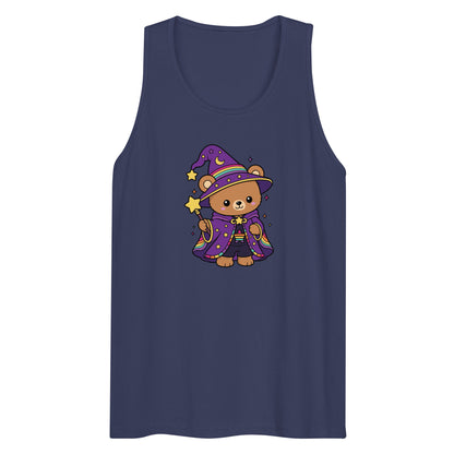 Wizard Bear Pride Tank Top by Spinsterly Co in Harbor Blue with kawaii wizard bear rainbow graphic