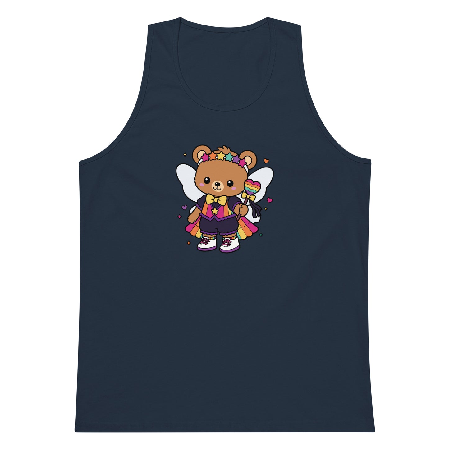 Rainbow Fairy Bear Pride Tank Top by Spinsterly Co in Harbor Blue with front graphic and rainbow heart wand