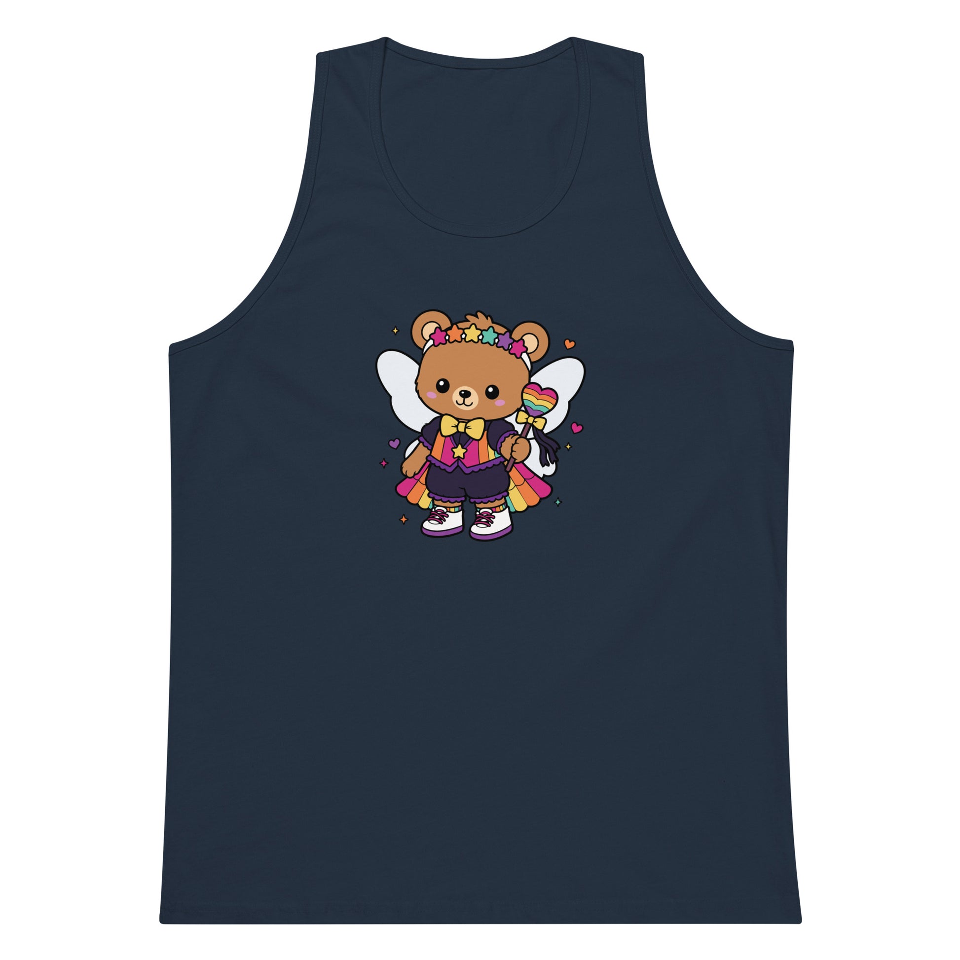 Rainbow Fairy Bear Pride Tank Top by Spinsterly Co in Harbor Blue with front graphic and rainbow heart wand