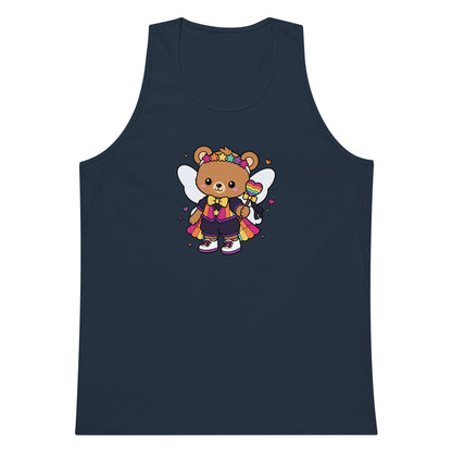 Rainbow Fairy Bear Pride Tank Top by Spinsterly Co in Harbor Blue with front graphic and rainbow heart wand