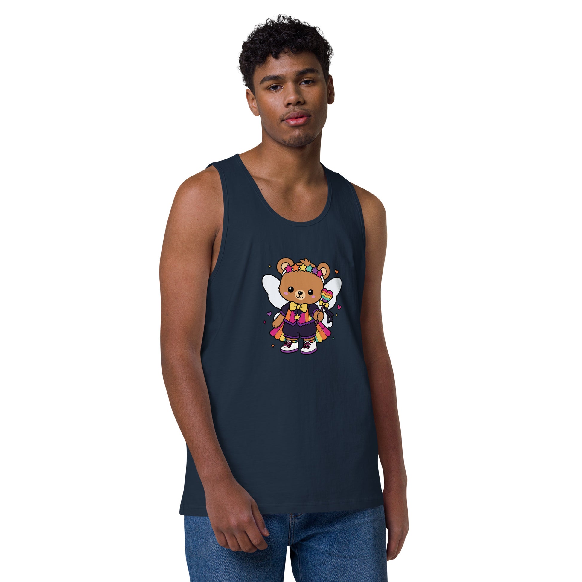 Rainbow Fairy Bear Pride Tank Top by Spinsterly Co in harbor blue with front kawaii graphic