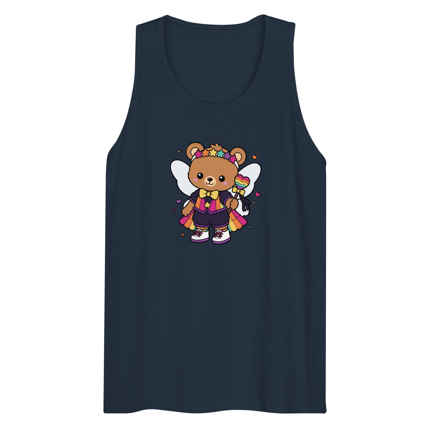 Rainbow Fairy Bear Pride Tank Top by Spinsterly Co in Harbor Blue with kawaii fairy bear front graphic