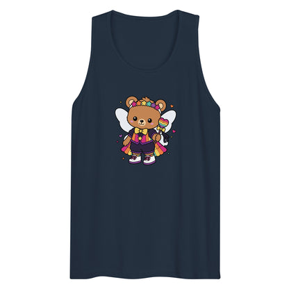 Rainbow Fairy Bear Pride Tank Top by Spinsterly Co in Harbor Blue with kawaii fairy bear front graphic