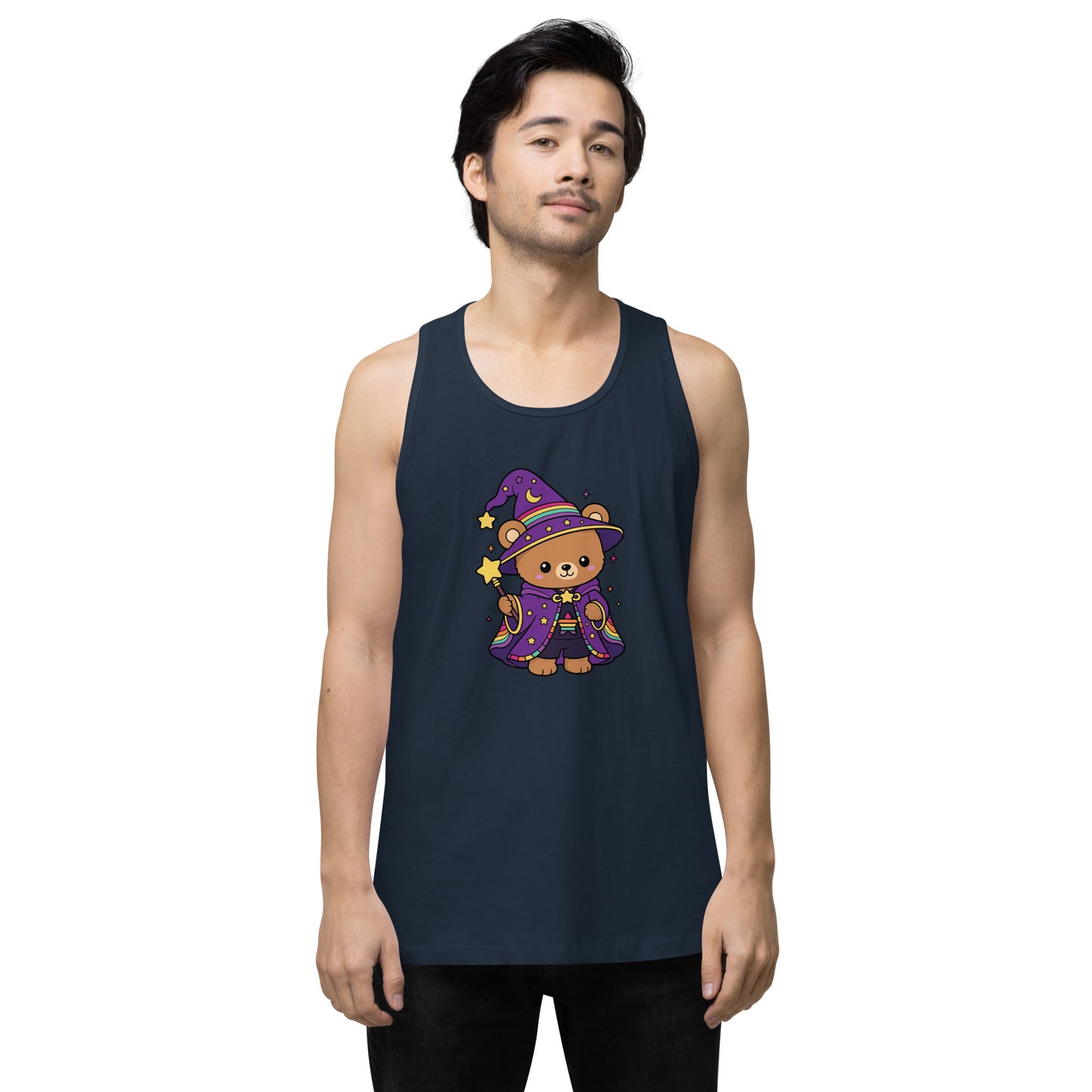Wizard Bear Pride Tank Top Spinsterly Co unisex sleeveless drop-arm tank in Harbor Blue with kawaii rainbow wizard bear print