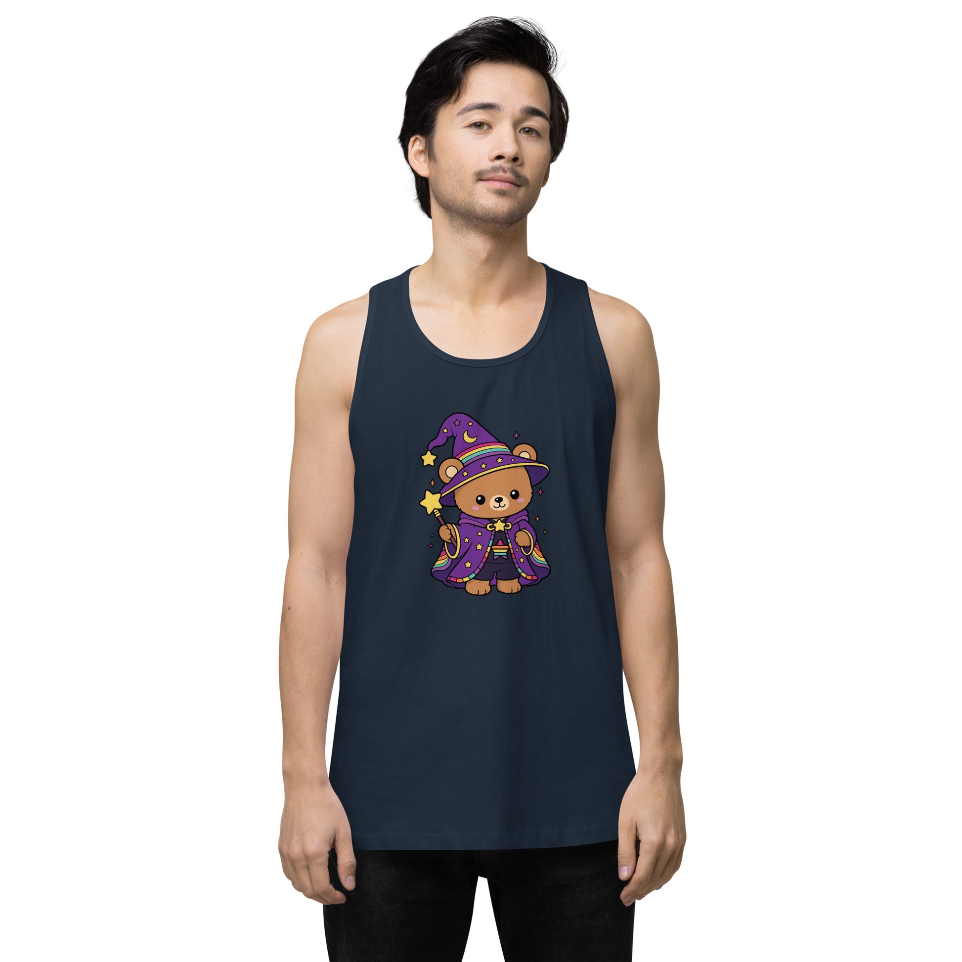 Wizard Bear Pride Tank Top Spinsterly Co unisex sleeveless drop-arm tank in Harbor Blue with kawaii rainbow wizard bear print