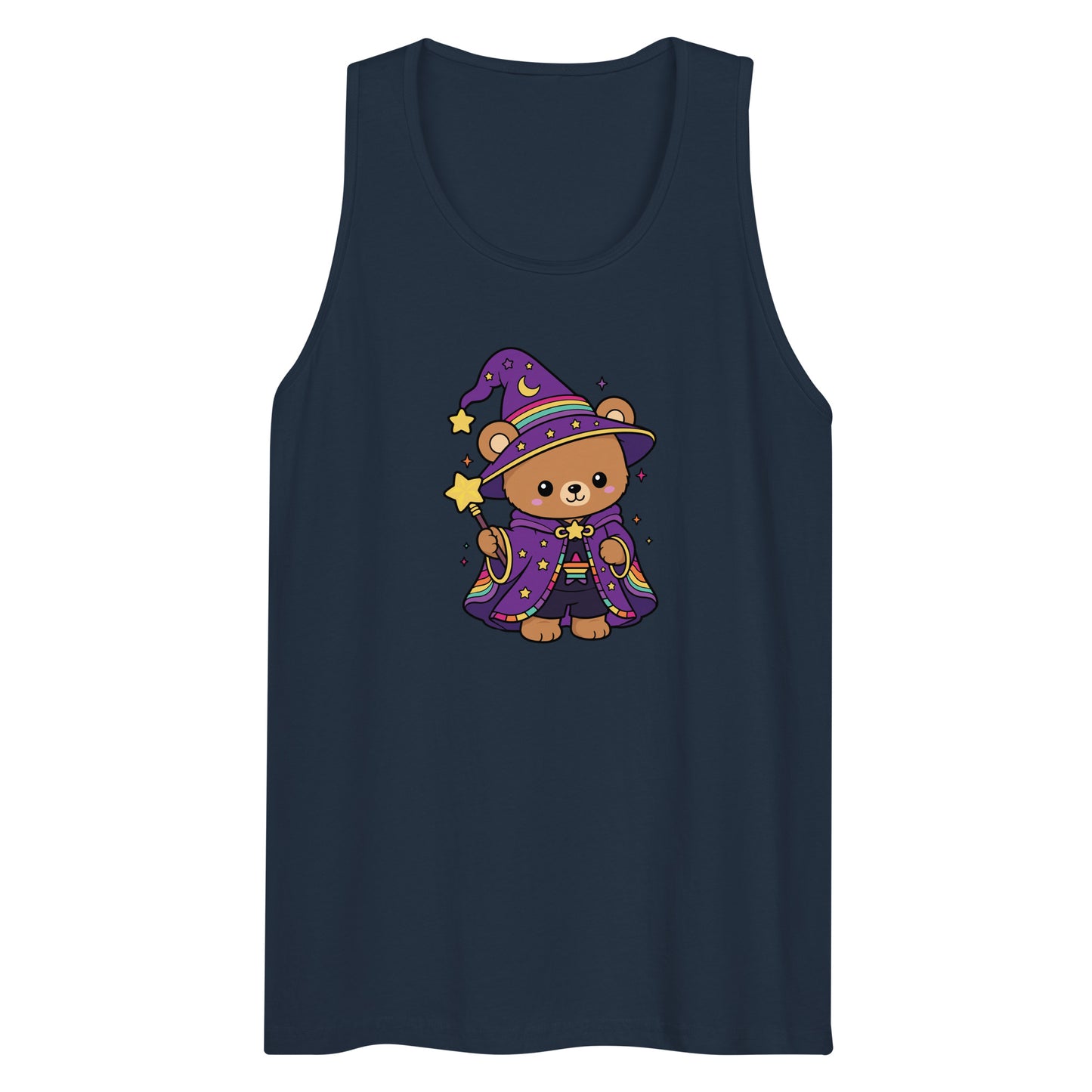 Wizard Bear Pride Tank Top by Spinsterly Co in Harbor Blue with kawaii wizard bear rainbow graphic