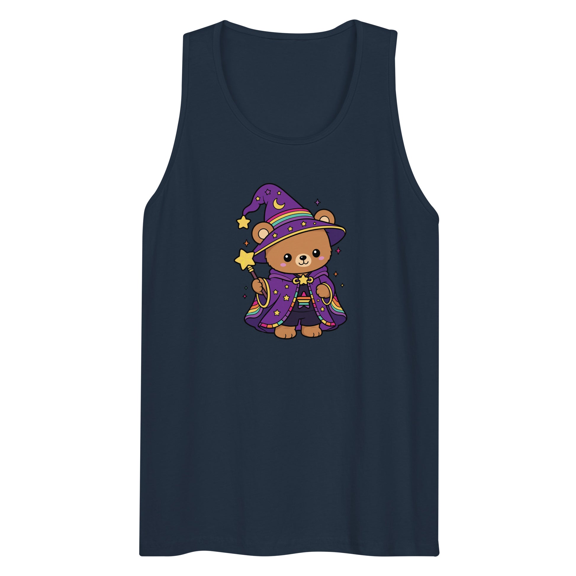 Wizard Bear Pride Tank Top by Spinsterly Co in Harbor Blue with kawaii wizard bear rainbow graphic