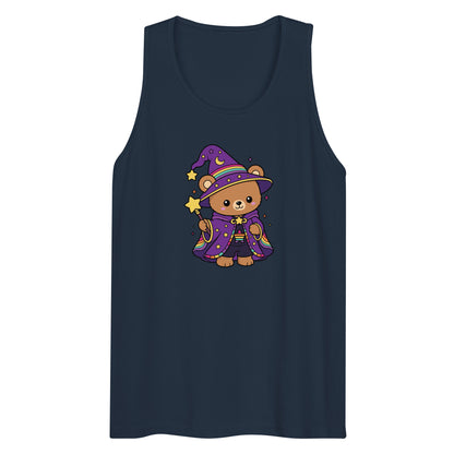 Wizard Bear Pride Tank Top by Spinsterly Co in Harbor Blue with kawaii wizard bear rainbow graphic