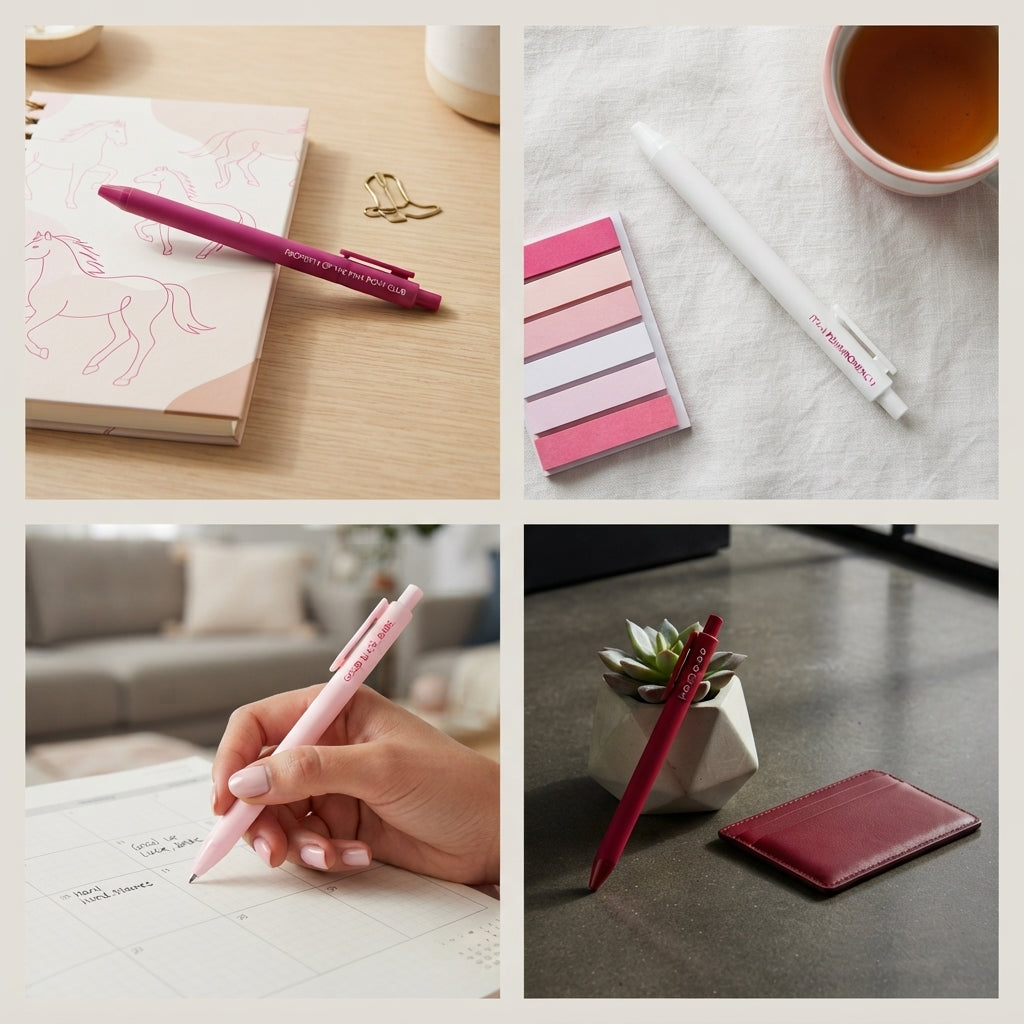 A four-panel collage showing a pink pen in different lifestyle settings: on a notebook, next to a drink, in a hand writing, and resting on a dark surface with a card holder.