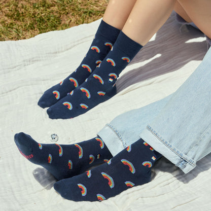 Socks that Save LGBTQ Lives — Navy Rainbow Crew Socks | LGBTQ+ Pride | Organic Cotton - Spinsterly Co