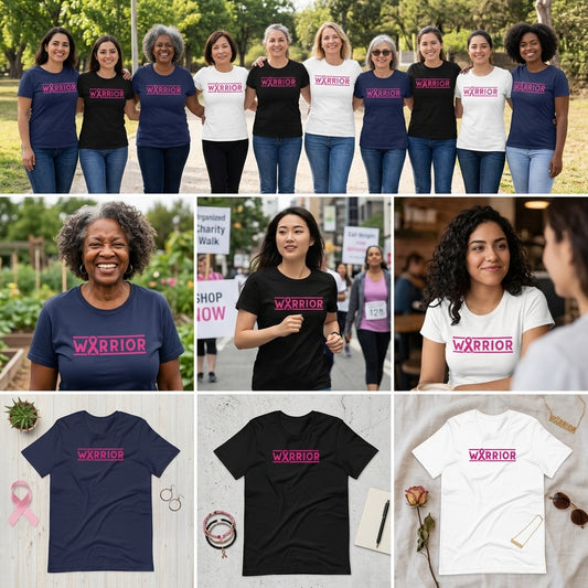 A collage showing multiple women wearing T-shirts with a pink 'WARRIOR' graphic, plus several flat-lay product views of the same shirts in navy, black, and white on a light background.