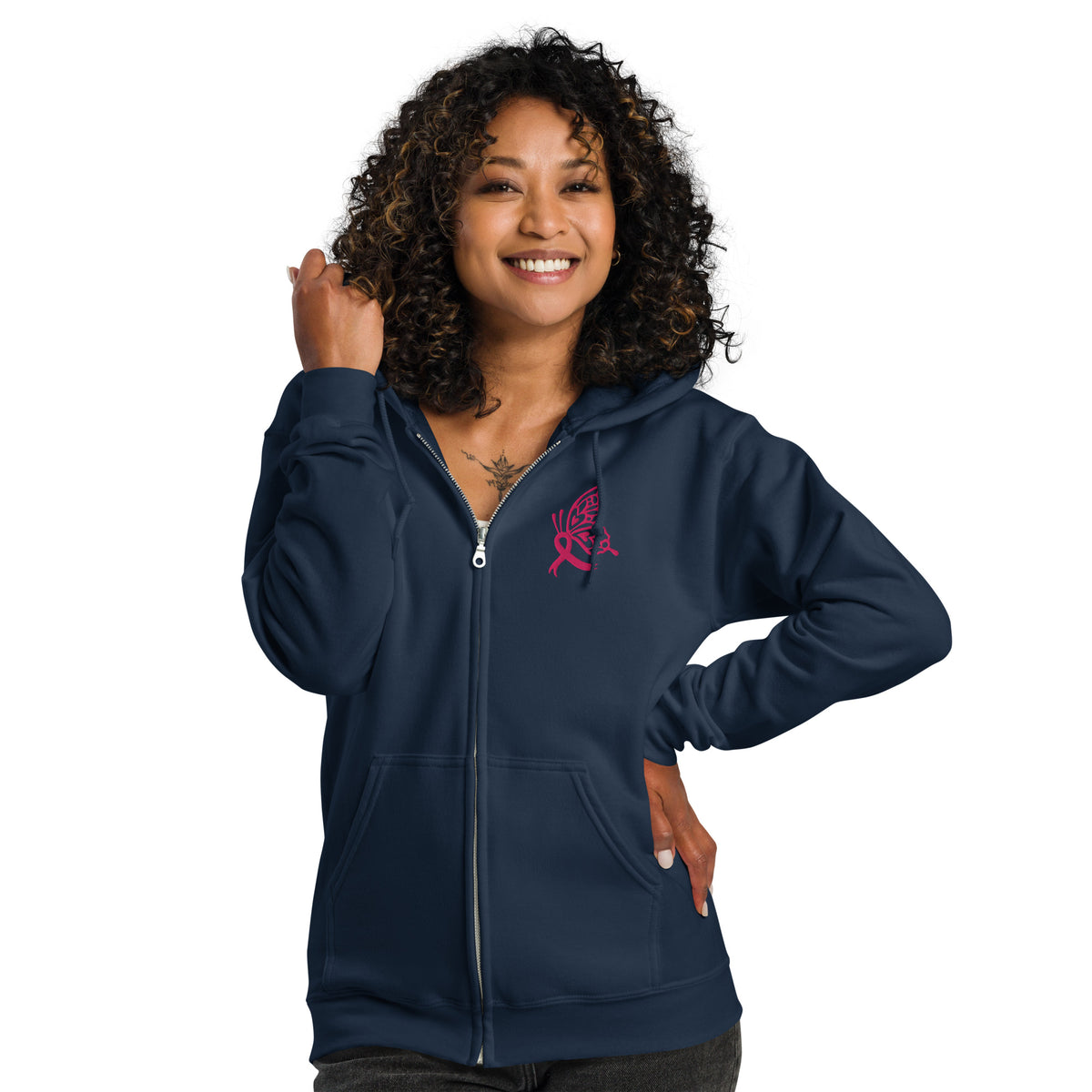 Breast Cancer Awareness Embroidered Zip Hoodie | Pink Butterfly Ribbon | Spinsterly Co - Spinsterly Co