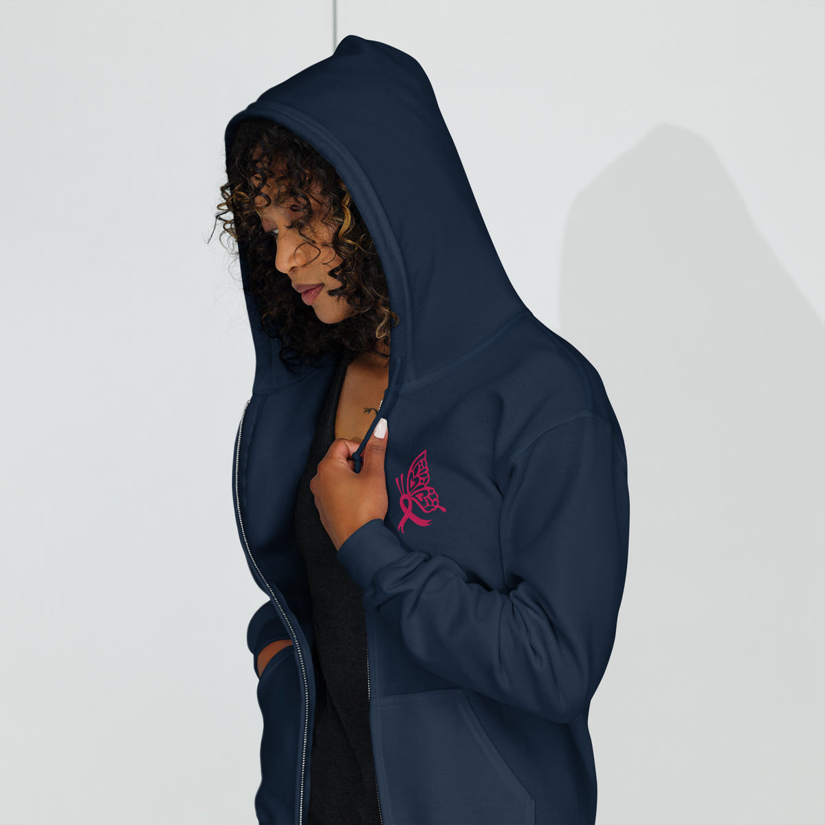 Breast Cancer Awareness Embroidered Zip Hoodie | Pink Butterfly Ribbon | Spinsterly Co - Spinsterly Co