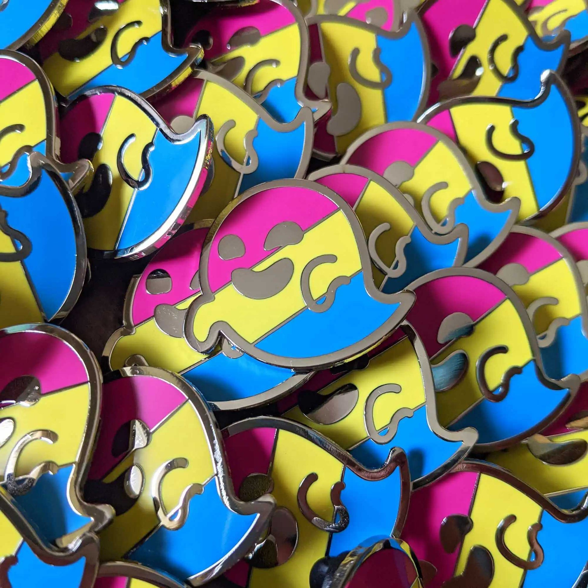 Gaysper Friends Hard Enamel Pride Pins by Cunning Linguist Co, silver ghost pin with colorful rainbow hearts