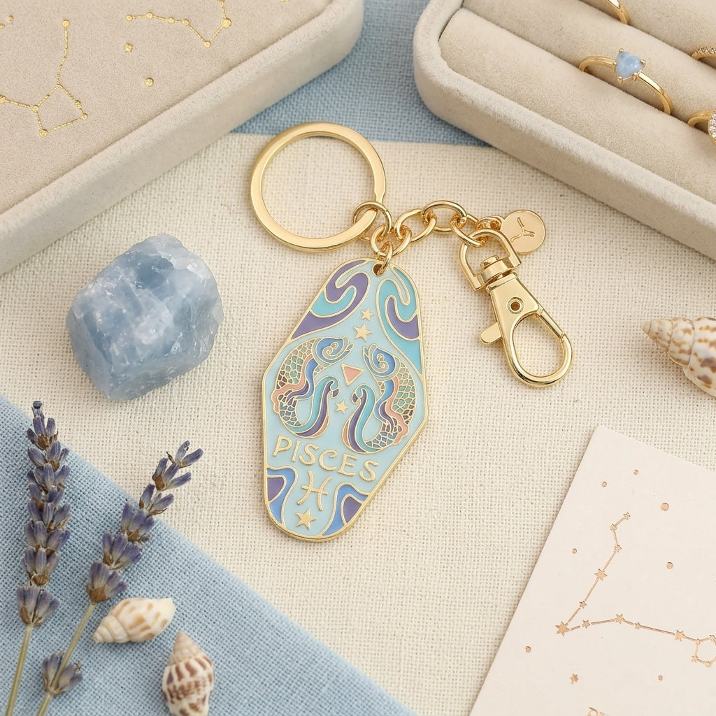 A gold-tone keychain with a flip-flop-shaped Pisces zodiac charm, styled on a textured cream fabric with lavender sprigs, shells, and jewelry boxes.