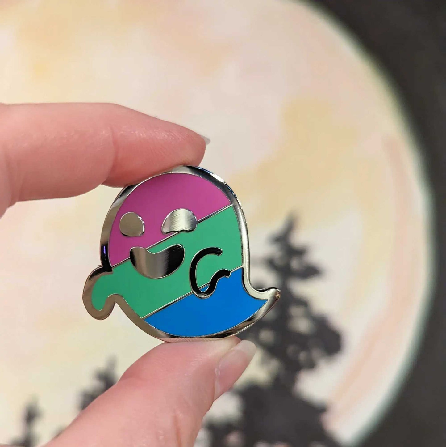 Gaysper Friends Hard Enamel Pride Pins by Cunning Linguist Co., silver ghost pin with rainbow enamel