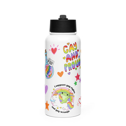 White 32oz stainless steel pride water bottle with a foldable straw lid, covered in colorful sticker-style rainbow and pride illustrations.