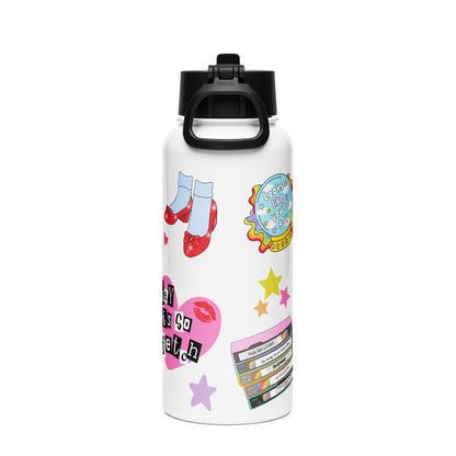 White 32oz stainless steel pride water bottle with a foldable straw lid, covered in colorful sticker-style rainbow and pride illustrations.