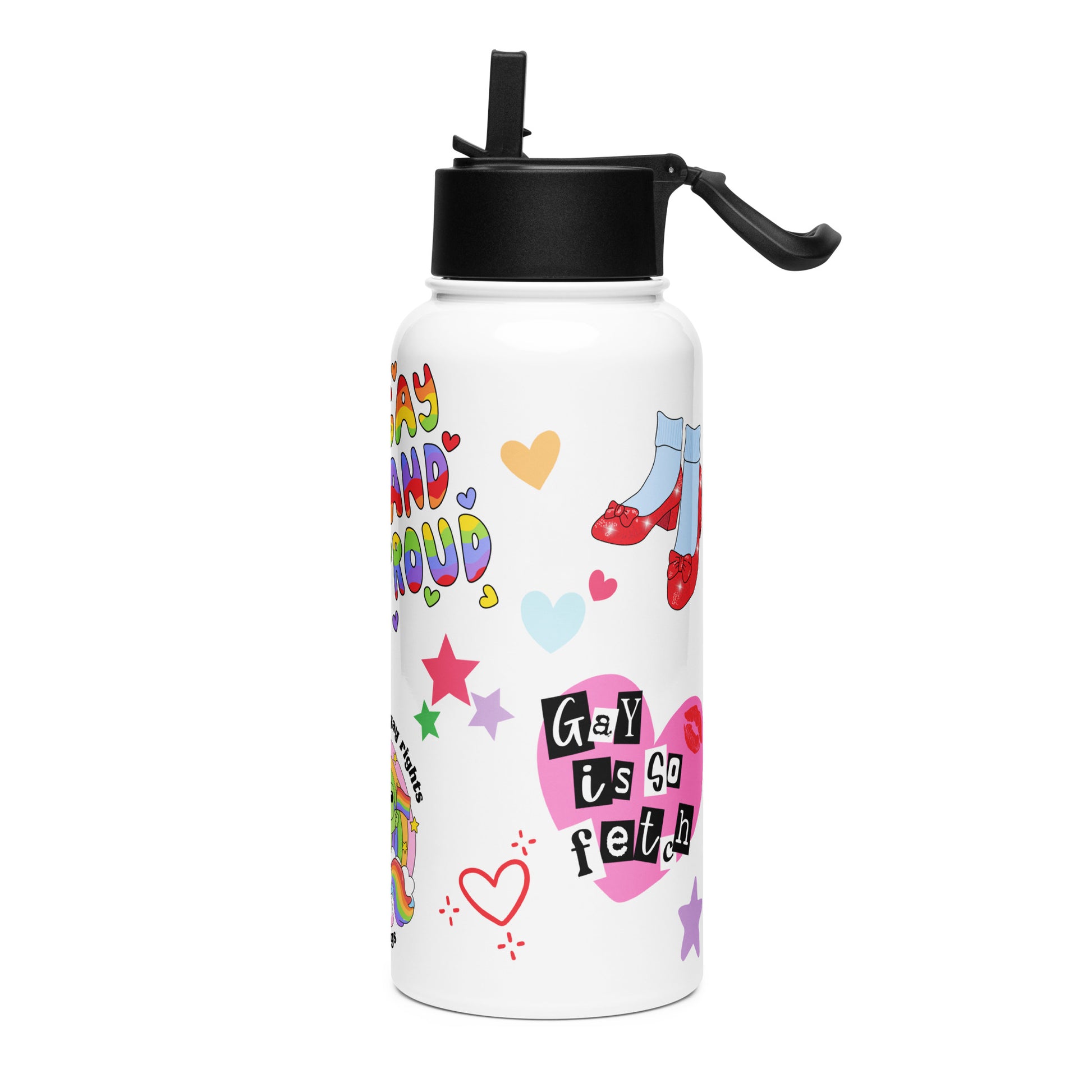 White 32oz stainless steel pride water bottle with a foldable straw lid, covered in colorful sticker-style rainbow and pride illustrations.
