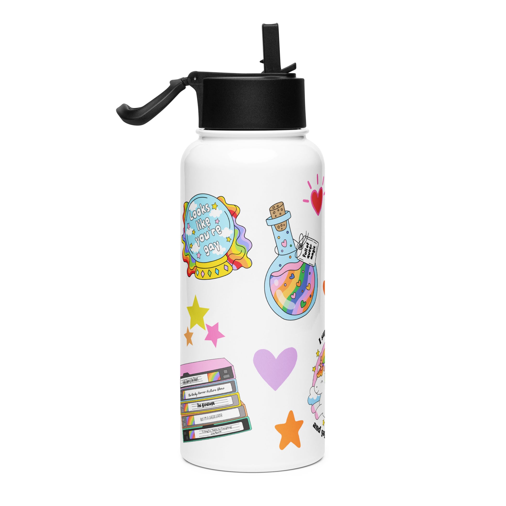 White 32oz stainless steel pride water bottle with a foldable straw lid, covered in colorful sticker-style rainbow and pride illustrations.
