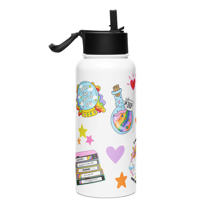 White 32oz stainless steel pride water bottle with a foldable straw lid, covered in colorful sticker-style rainbow and pride illustrations.
