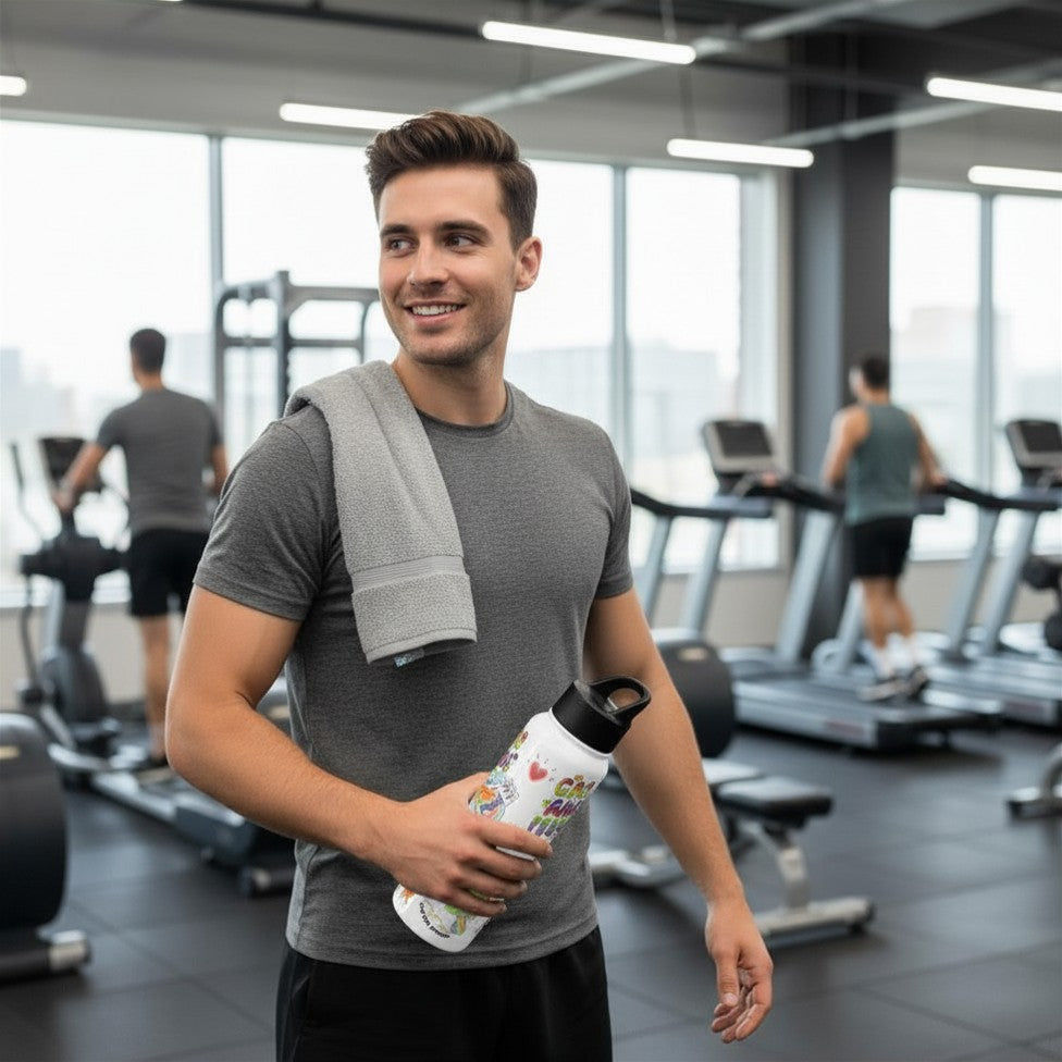 Smiling man at a gym holding a white insulated pride water bottle with sticker-style rainbow designs and a black straw lid, a towel over his shoulder.
