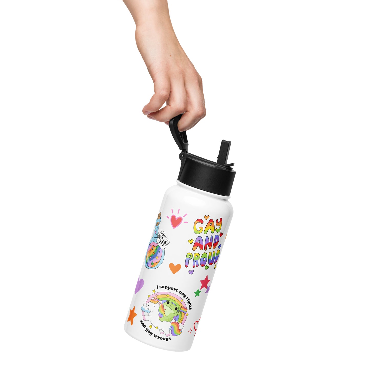 Hand holding a white insulated pride water bottle with a black straw lid, decorated with playful sticker-style LGBTQ+ designs.