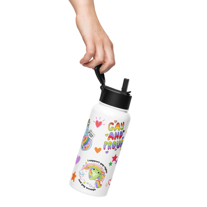 Hand holding a white insulated pride water bottle with a black straw lid, decorated with playful sticker-style LGBTQ+ designs.