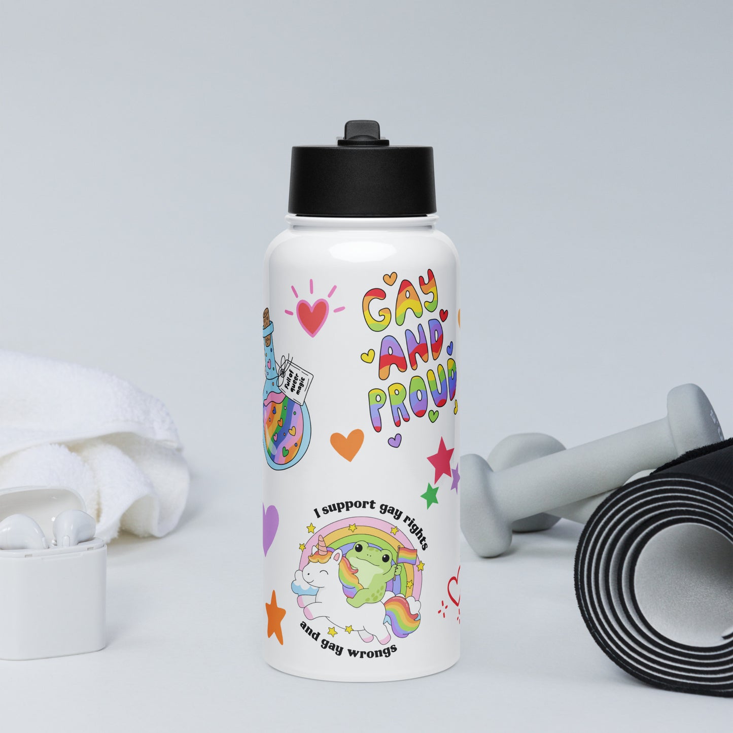 White 32oz stainless steel pride water bottle with a foldable straw lid, covered in colorful sticker-style rainbow and pride illustrations with various exercise equipment surrounding it.