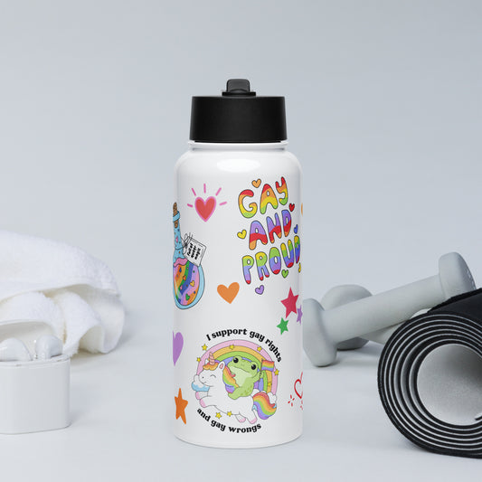 White 32oz stainless steel pride water bottle with a foldable straw lid, covered in colorful sticker-style rainbow and pride illustrations with various exercise equipment surrounding it.