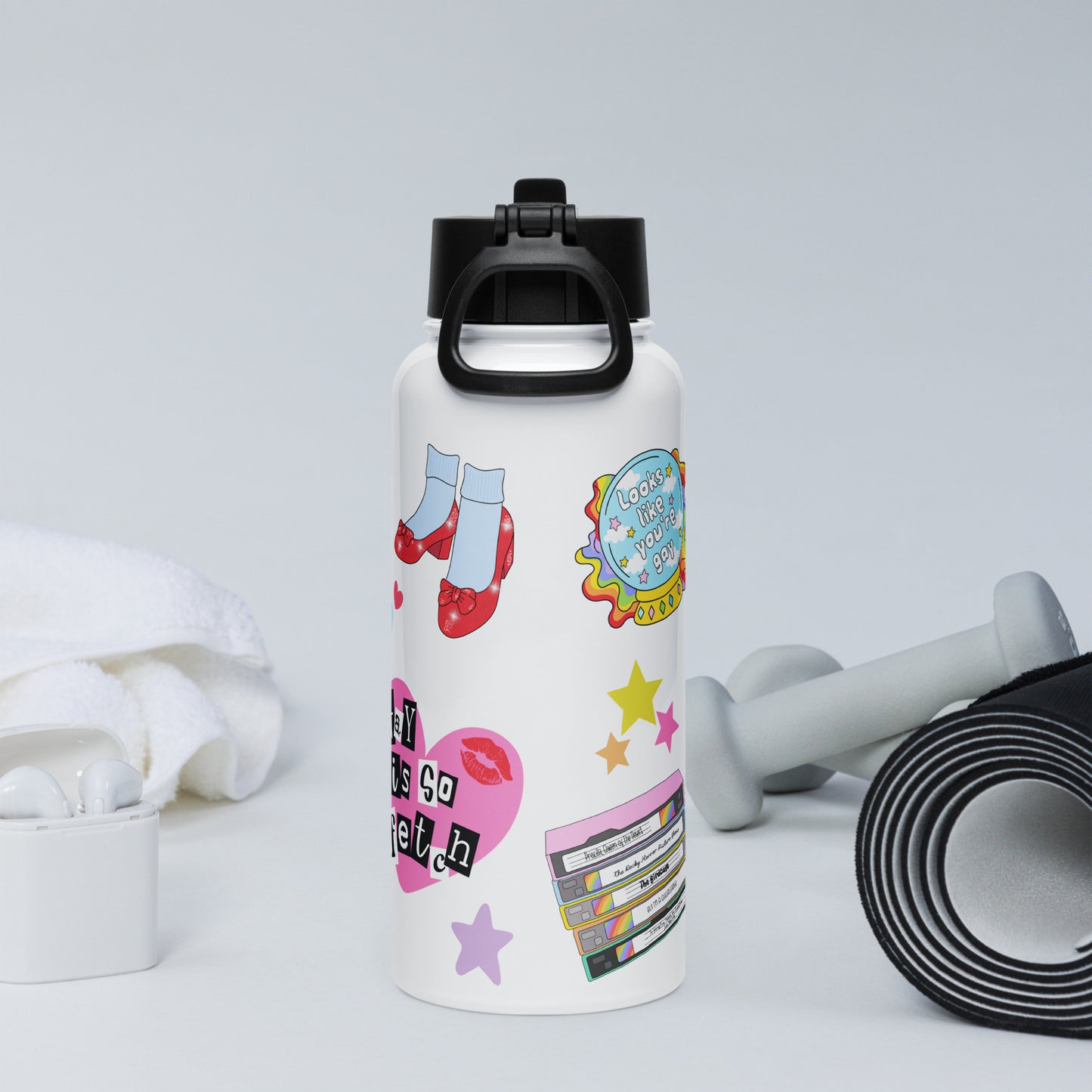 White 32oz stainless steel pride water bottle with a foldable straw lid, covered in colorful sticker-style rainbow and pride illustrations with various exercise equipment surrounding it.