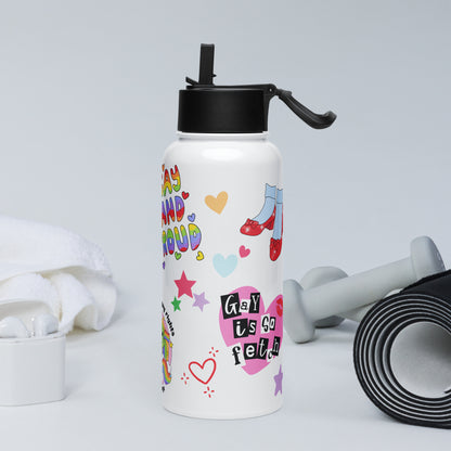 White 32oz stainless steel pride water bottle with a foldable straw lid, covered in colorful sticker-style rainbow and pride illustrations.