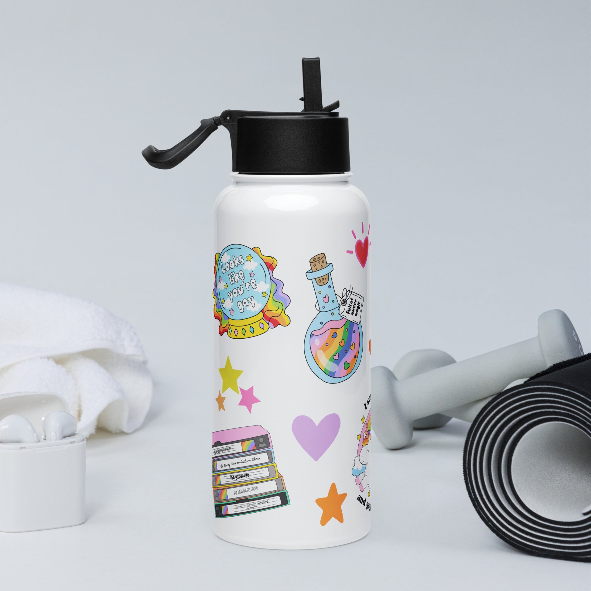 White 32oz stainless steel pride water bottle with a foldable straw lid, covered in colorful sticker-style rainbow and pride illustrations.