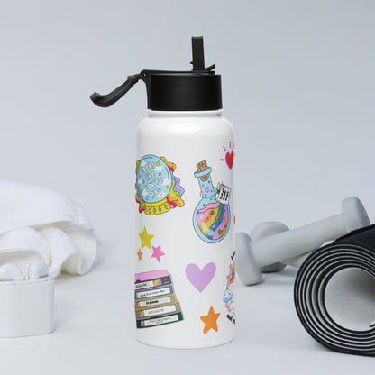 White 32oz stainless steel pride water bottle with a foldable straw lid, covered in colorful sticker-style rainbow and pride illustrations.