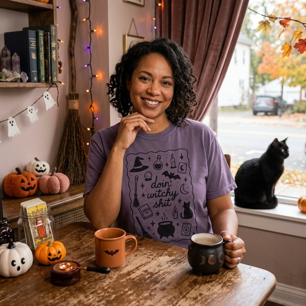 A woman wearing a purple graphic t-shirt with a black witch-themed print sits at a wooden table in a cozy, decorated home interior. She holds a black cauldron mug, with a black cat sitting on the windowsill behind her and Halloween decorations like pumpkins and a broomstick on the shelf.