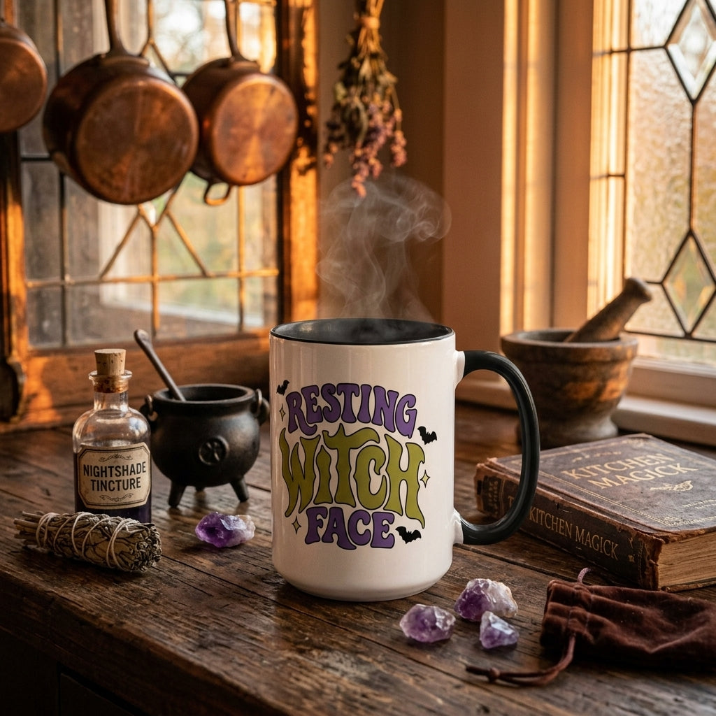 A white ceramic mug with a black handle and rim sits on a rustic wooden table in a cozy, warm-toned kitchen setting. The mug features the text 'RESTING WITCH FACE' in a stylized purple and yellow font with small black bats.
