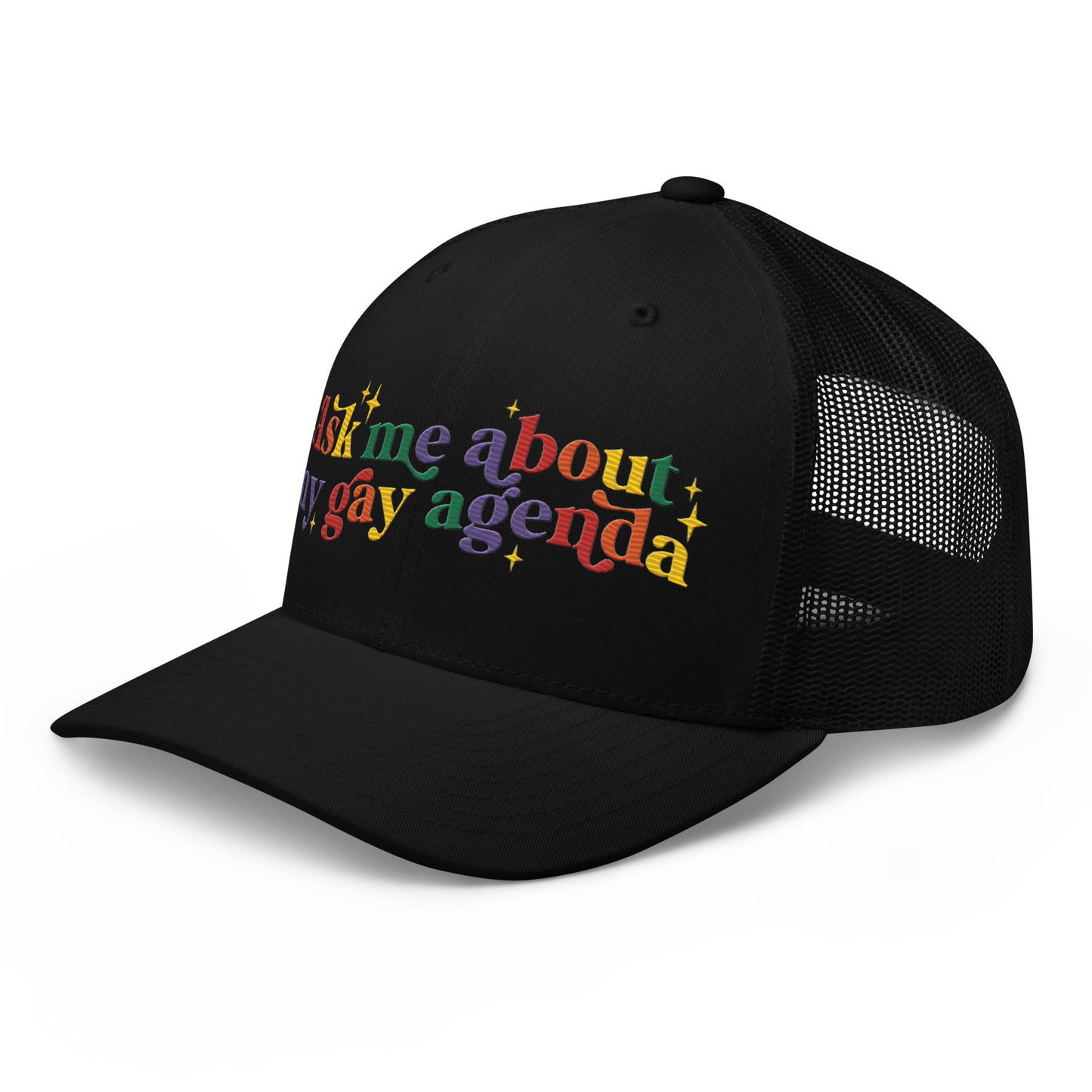 Ask Me About My Gay Agenda Trucker Hat LGBTQIA Pride Cap by Spinsterly Co in Black with embroidered front
