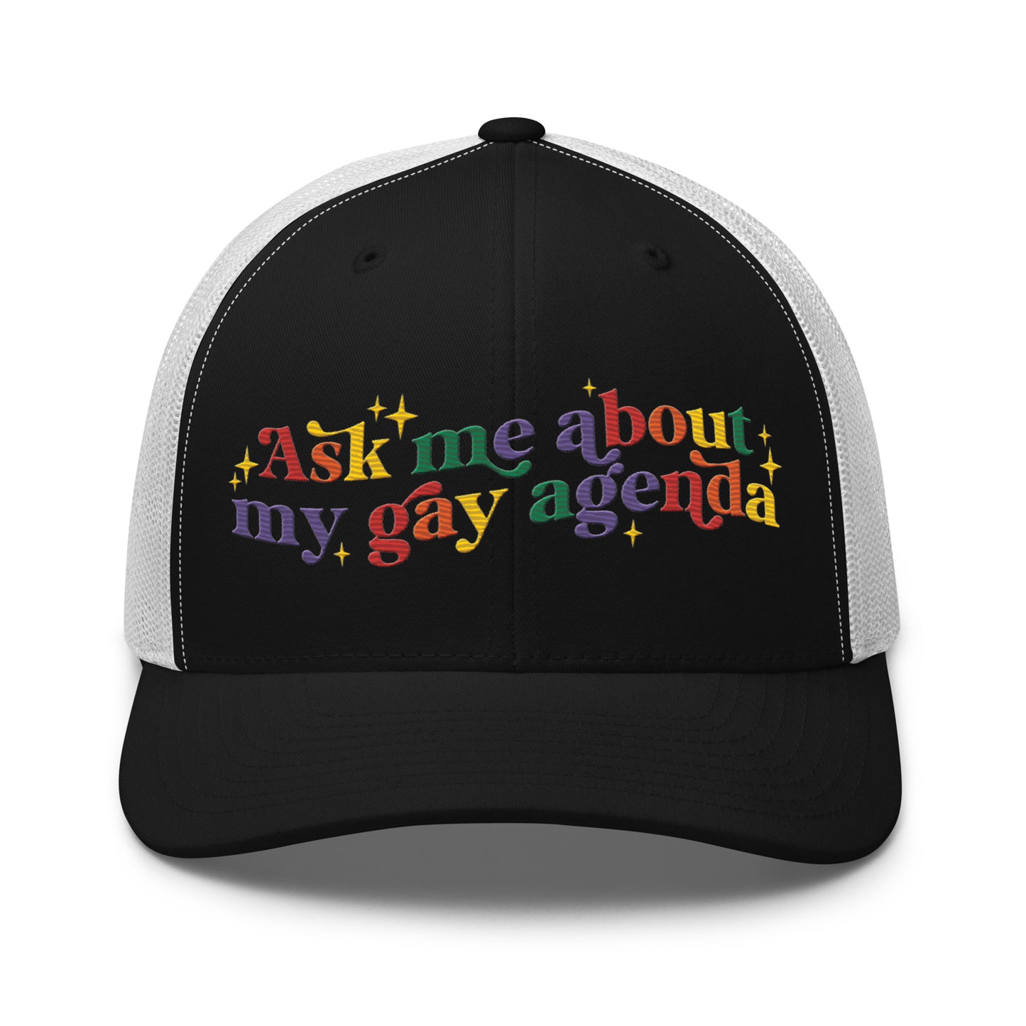 Ask Me About My Gay Agenda Trucker Hat LGBTQIA Pride Cap by Spinsterly Co in Black White with embroidered text graphic