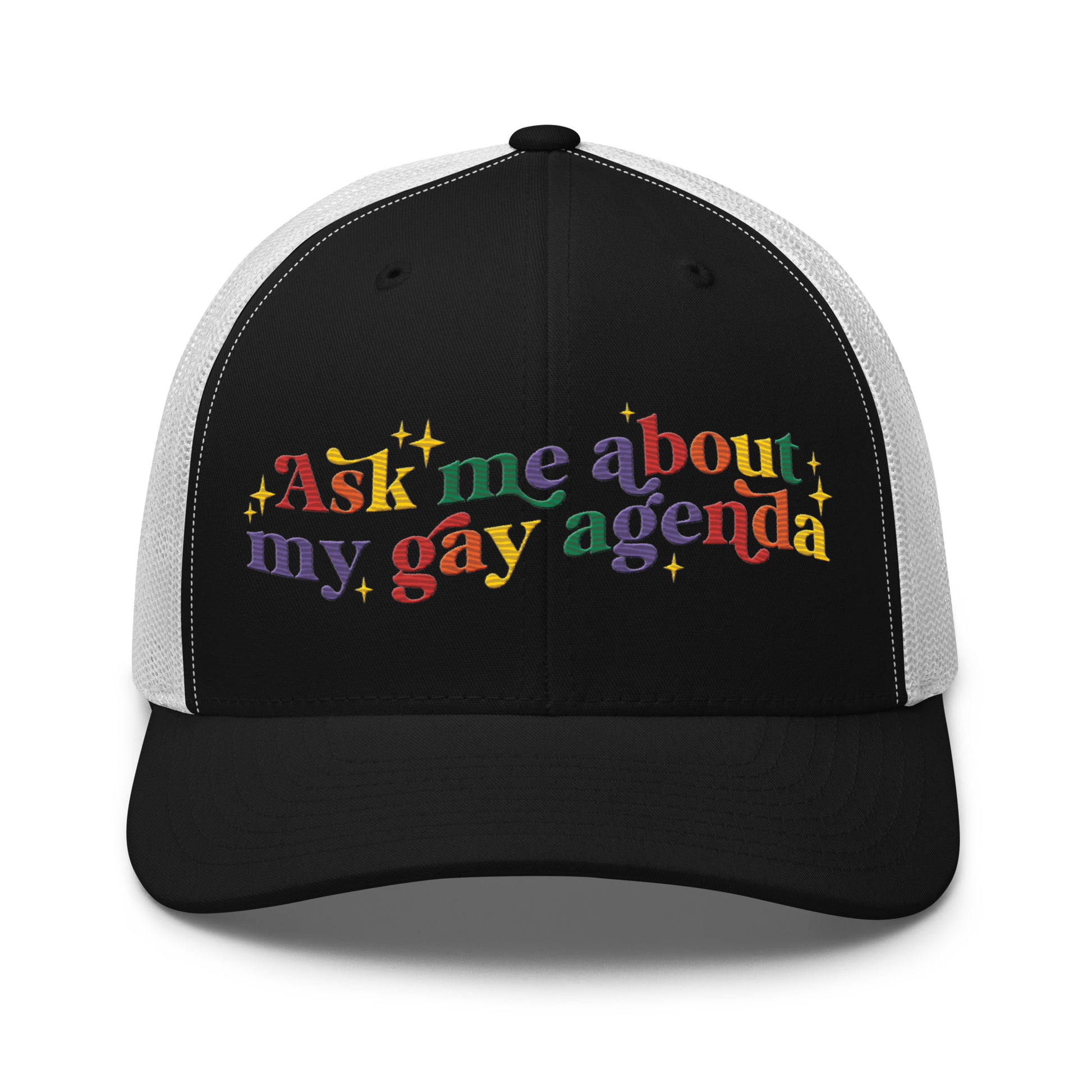 Ask Me About My Gay Agenda Trucker Hat LGBTQIA Pride Cap by Spinsterly Co in Black White with embroidered text graphic