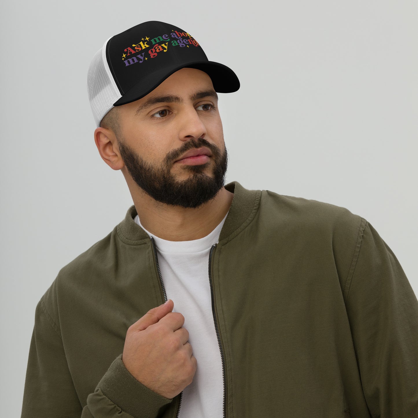 Ask Me About My Gay Agenda Trucker Hat LGBTQIA Pride Cap by Spinsterly Co, Black and white mesh back