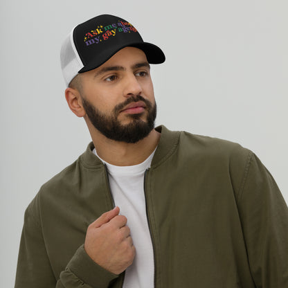 Ask Me About My Gay Agenda Trucker Hat LGBTQIA Pride Cap by Spinsterly Co, Black and white mesh back