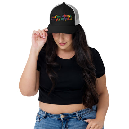 Ask Me About My Gay Agenda Trucker Hat LGBTQIA Pride Cap by Spinsterly Co black with embroidered text graphic