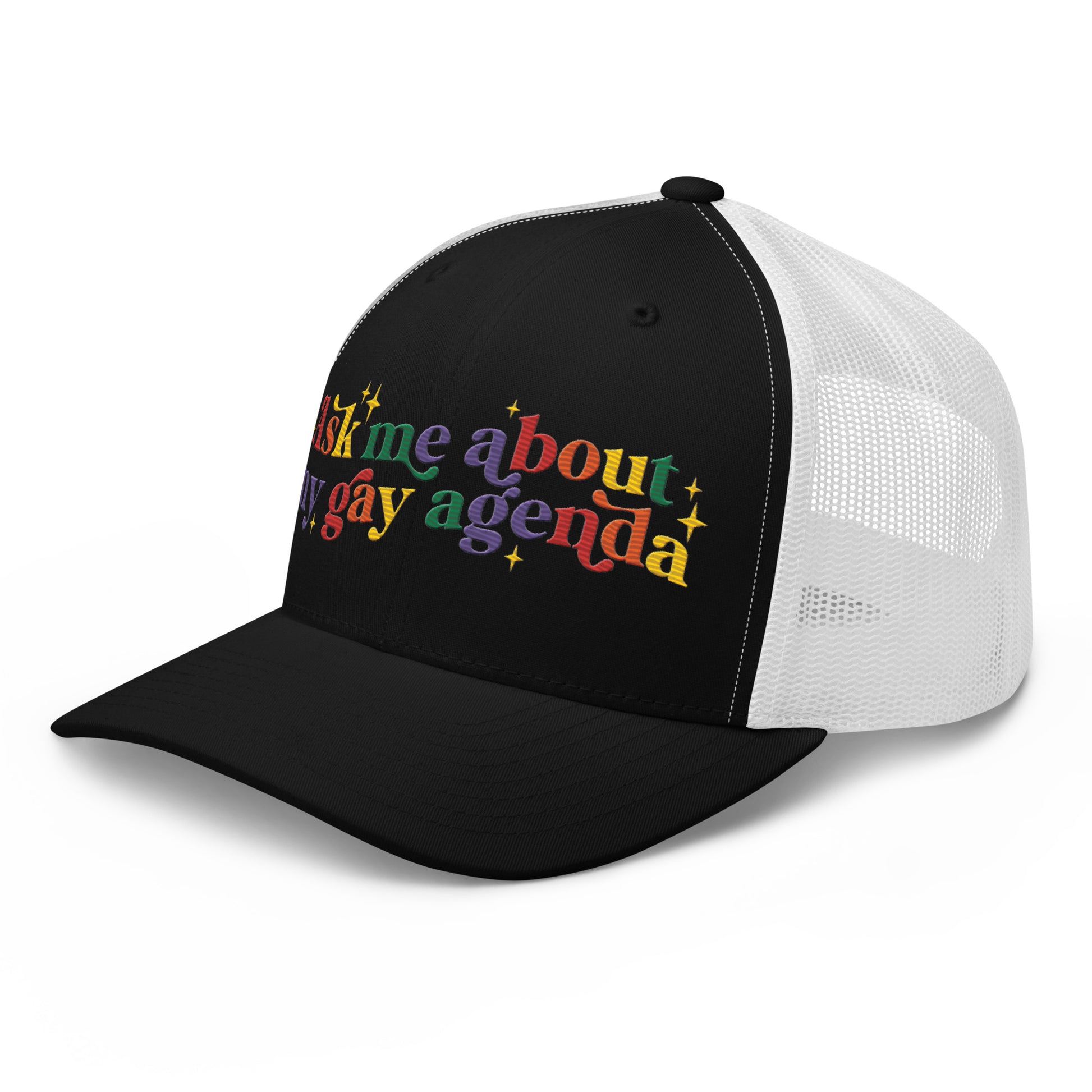 Ask Me About My Gay Agenda Trucker Hat LGBTQIA Pride Cap by Spinsterly Co in BlackWhite with embroidered text