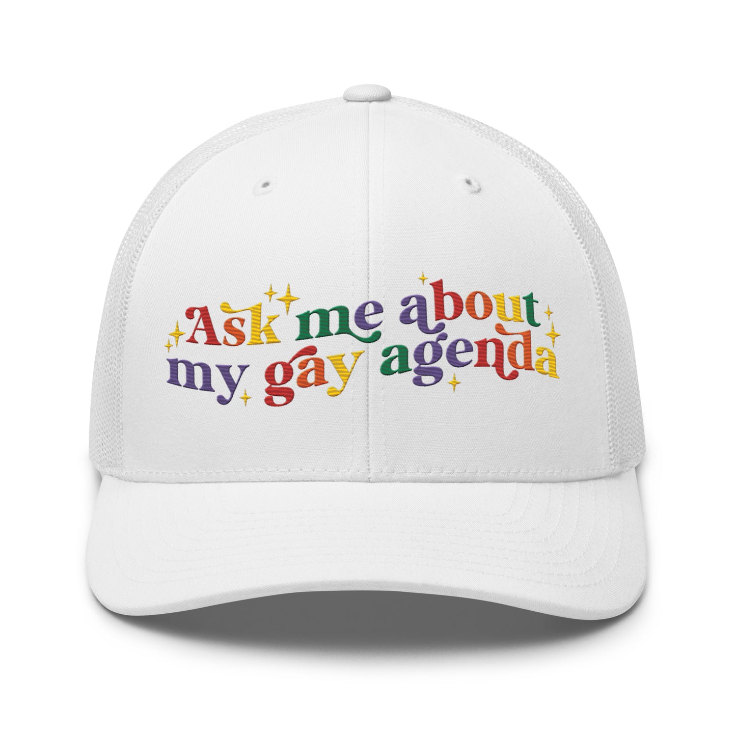 Ask Me About My Gay Agenda Trucker Hat LGBTQIA Pride Cap by Spinsterly Co in white with embroidered text graphic