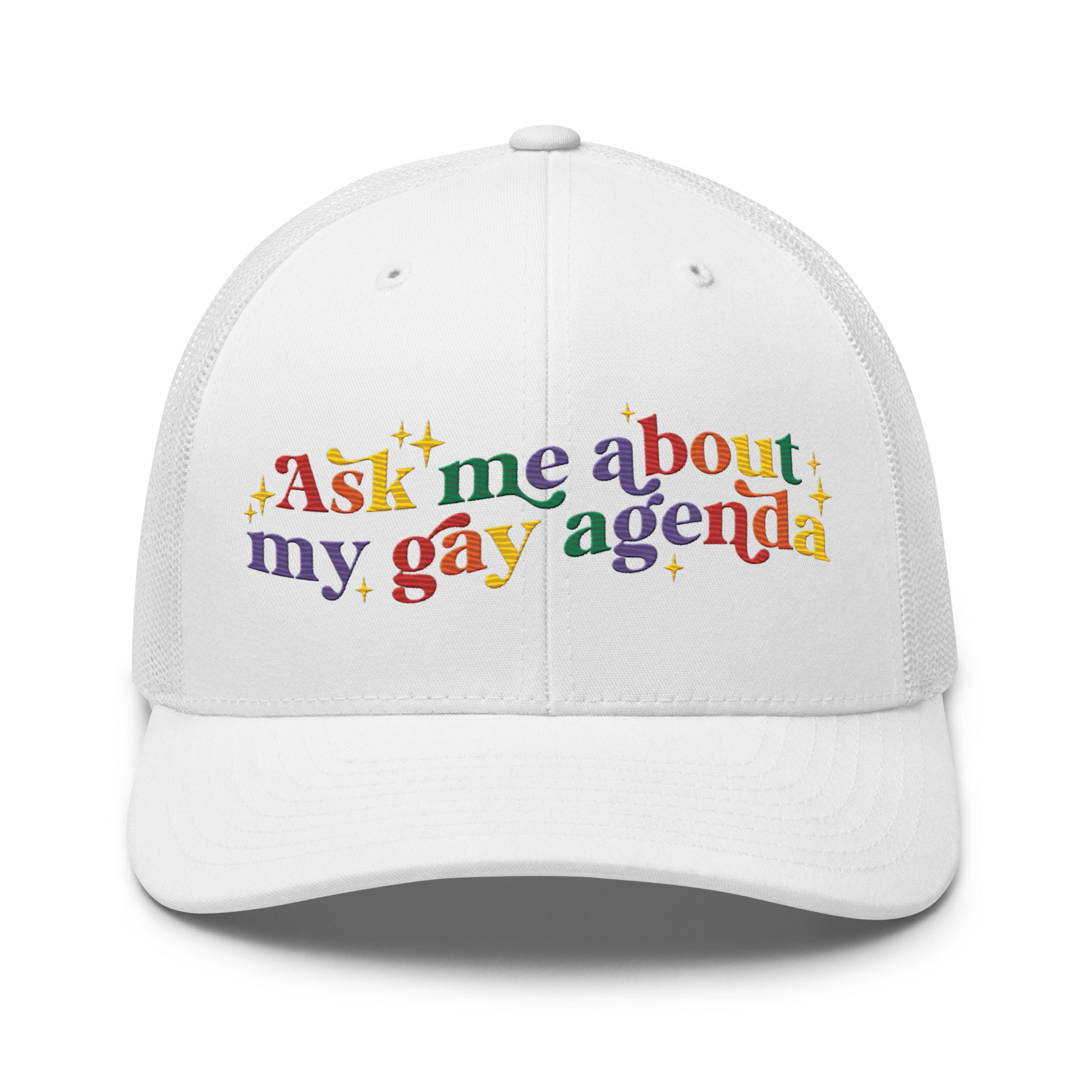 Ask Me About My Gay Agenda Trucker Hat LGBTQIA Pride Cap by Spinsterly Co in white with embroidered text graphic