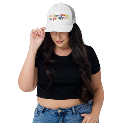 Ask Me About My Gay Agenda Trucker Hat LGBTQIA Pride Cap by Spinsterly Co in Black White with embroidered text
