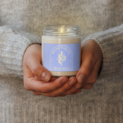 Fae Romantasy Scented Soy Candle Prythian Inspired Gift by Spinsterly Co in glass jar with Winter Court label